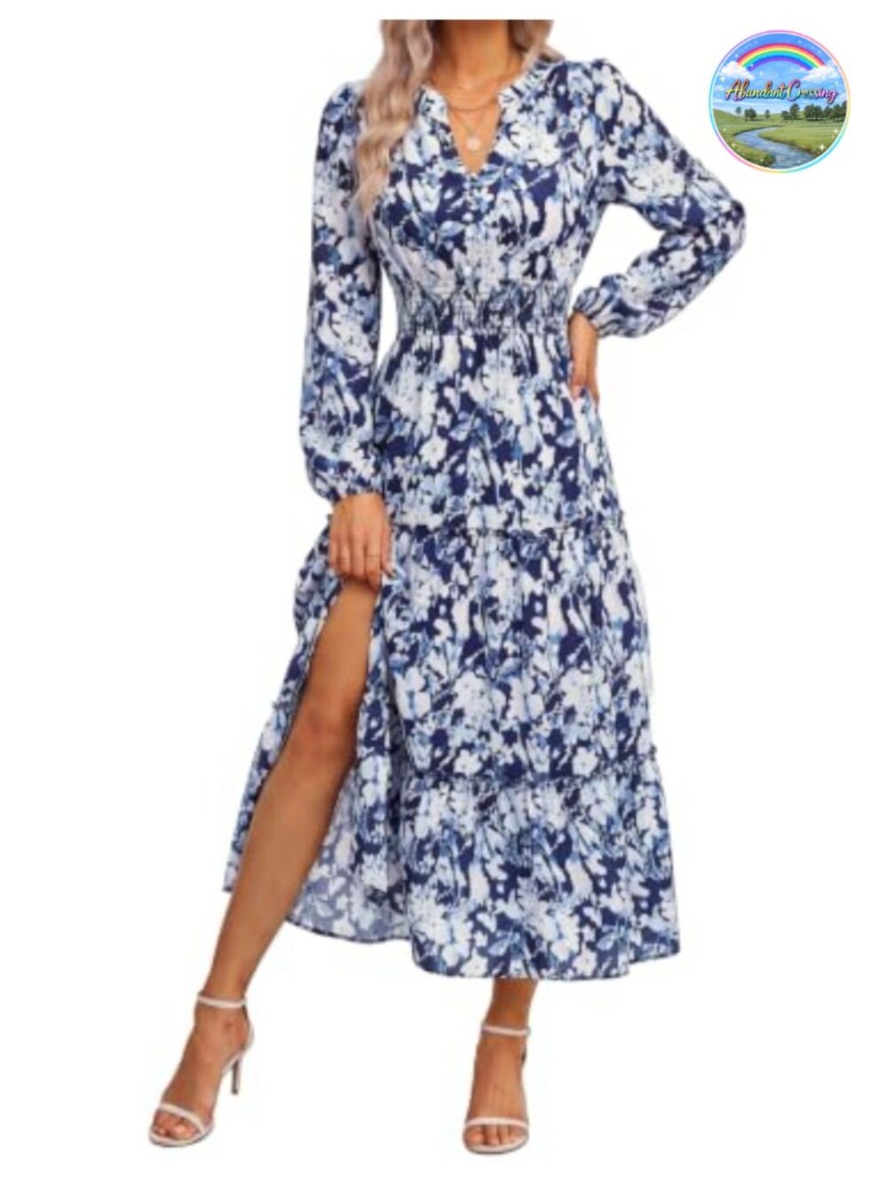 Women's Floral Maxi Dress Long Sleeve V Neck A Line Flowy with Pockets